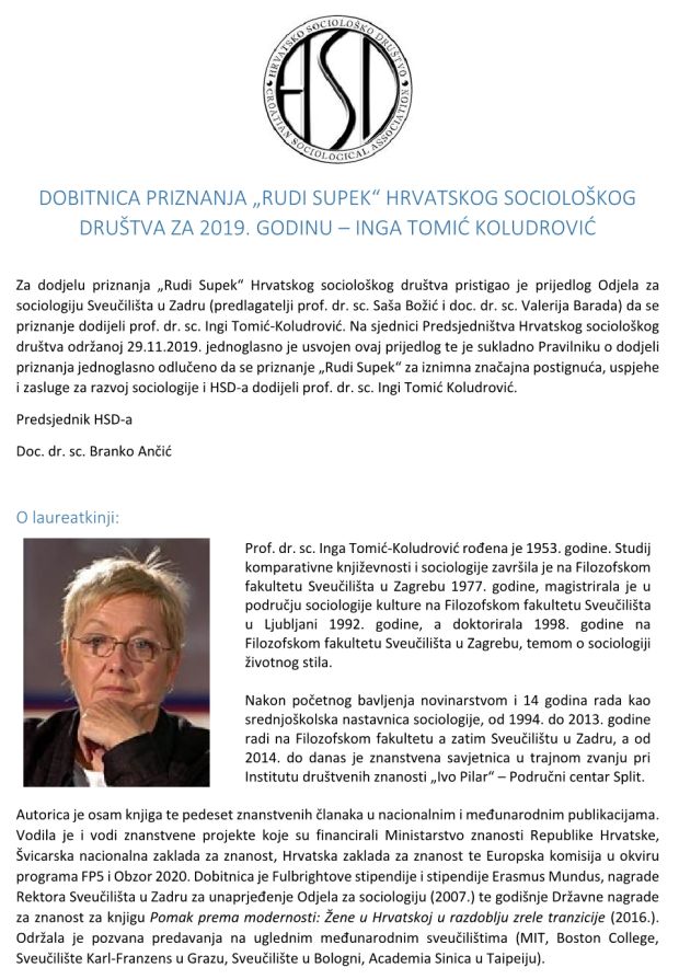 Dr. sc. Inga Tomić-Koludrović nagrađena Priznanjem „Rudi Supek“ Hrvatskog sociološkog društva za 2019. godinu