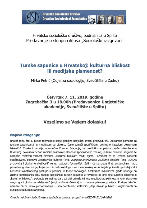 Prezentacija rezultata projekta GENMOD: „Turske sapunice u Hrvatskoj: kulturna bliskost ili medijska pismenost?“; Split, 7. 11. 2019.